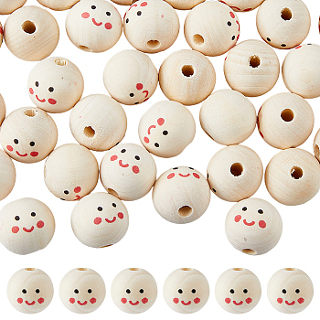 40Pcs Printed Wood European Beads, Large Hole Round Bead with Smiling Face Pattern, Undyed, Bisque, 24.5x22.5mm, Hole: 4.9mm