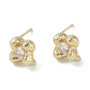Brass with Cubic Zirconia Stud Earrings Findings, with 925 Sterling Silver Pins, Flower, Real 14K Gold Plated, 11x10x6mm, Hole: 1.2mm, Pin: 0.5x12mm