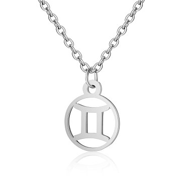 201 Stainless Steel Pendants Necklaces, Flat Round with Constellations, Gemini, 16.3 inch(40cm)x1mm