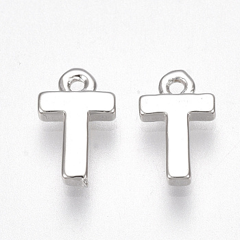 Brass Charms, Letter, Nickel Free, Real Platinum Plated, Letter.T, 8.5x5x1.5mm, Hole: 0.8mm