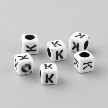 Opaque Acrylic Beads, Letter Style, Cube, Letter.K, 6x6x6mm, Hole: 3mm, about 3000pcs/500g