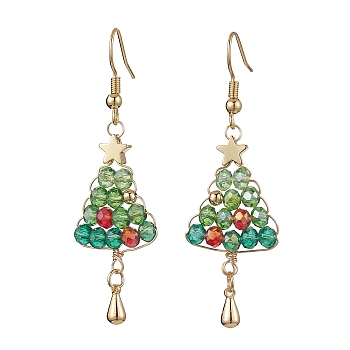 Brass Dangle Earring, with Glass Beads and Brass Earring Hooks, Christmas Tree, Golden, Light Green, 56x17.5mm