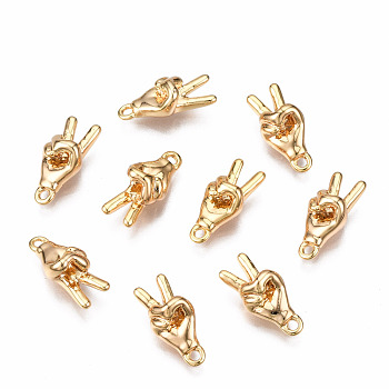 Brass Charms, Peace Hand Charms, Nickel Free, Palm, Gesture Language, for Victory, Real 18K Gold Plated, 13.5x6x5mm, Hole: 1.2mm