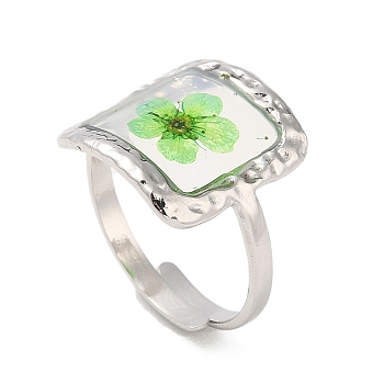 Pale Green Square Epoxy Resin with Dry Flower Adjustable Rings, 316 Surgical Stainless Steel Ring, Stainless Steel Color, Inner Diameter: 17mm