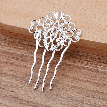 Iron Hair Comb Findings, with Filigree Brass Flower, Silver, 58x37mm