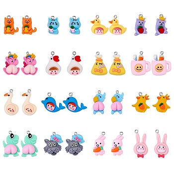 32Pcs 16 Styles Opaque Resin Pendants, with Platinum Tone Iron Loops, Duck & Dog & Horse & Bowknot, Mixed Shape, Mixed Color, 20~31x14~24x6~11.5mm, Hole: 1.8~2mm, 2pcs/style