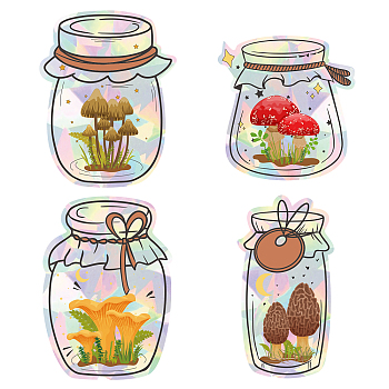 4Pcs 4 Styles Mushroom Theme PVC Colored Laser Stained Window Film Adhesive Static Stickers, Electrostatic Window Decals, Bottle Pattern, 200x150mm, 1pc/style