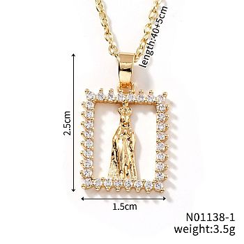 Shiny Brass Micro Pave Clear Cubic Zirconia Hollow Rectangle Vintage Statue Pendant Necklaces, Elegant Jewelry, Golden, 15.75 inch(40cm)