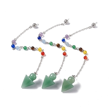 Natural Green Aventurine Cone Dowsing Pendulum Pendants, with Chakra Gemstone Round Beads, Rack Plating Platinum Tone Brass Findings & Chains, 235mm