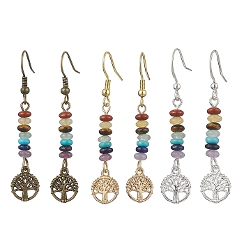 3 Pairs 3 Color Natural & Synthetic Mixed Gemstone Disc Beaded Dangle Earrings, Tree of Life Alloy Long Drop Earrings, Mixed Color, 50x10mm, 1 Pair/color