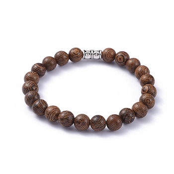 Wood Beads Stretch Bracelets, with Tibetan Style Alloy Tube Bails, Round, 2-1/4 inch(5.8cm), Beads: 8~8.5mm