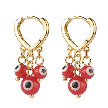 Evil Eye Lampwork Round Beads Dangle Hoop Earrings, Brass Heart Earrings for Girl Women, Golden, Red, 31x15mm, Pin: 1mm