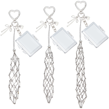 3Pcs 3 Styles Alloy & 201 Stainless Steel Macrame Pouch Pendant Decorations, with Alloy Swivel Lobster Clasps, Rectangle, Stainless Steel Color, 220~255mm, 1pc/style