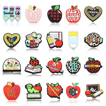 20Pcs 20 Styles Study/Teacher's Day Theme Food Grade Silicone Focal Beads, Mixed Shapes, 22~34x16.5~31x7~9mm, Hole: 2~3mm, 1pc/style