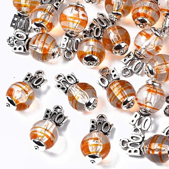 Transparent Acrylic Pendants, with Alloy Findings, Cadmium Free & Lead Free, Antique Silver, Halloween, Word Boo with Round, Dark Orange, 25x12mm, Hole: 1.8mm