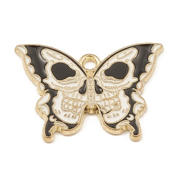 Alloy Enamel Pendants, Golden, Butterfly with Skull Charm, Black, 18x25x1.5mm, Hole: 1.8mm