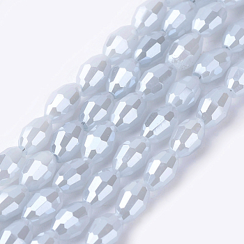 Electroplate Glass Beads Strands, Full Pearl Luster Plated, Faceted, Oval, Gray, 6x4mm, Hole: 1mm, about 72pcs/strand, 16 inch