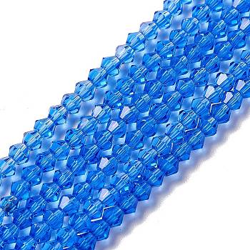 Imitation Austrian Crystal 5301 Bicone Beads, Faceted Glass Beads Strands, Blue, 3x3~3.5mm, Hole: 0.5mm, about 113~115pcs/strand, 36~36.5cm