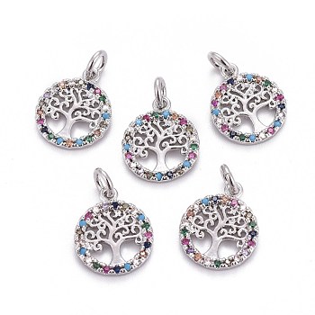 Brass Micro Pave Cubic Zirconia Charms, with Jump Rings, Flat Round with Tree of Life, Colorful, Platinum, 14.5x12x1.5mm, Hole: 2.5mm