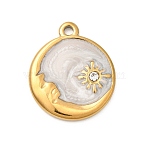 304 Stainless Steel Enamel Pendants, Flat Round & Moon, with Rhinestone, Ion Plating(IP), Golden, 21x18x2.5mm, Hole: 1.8mm(STAS-B113-14G)