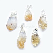 Natural Citrine Pendants, with Brass Findings, Nuggets, Silver Color Plated, 32~39x13~25mm, Hole: 5x8mm(G-P383-12S)