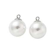 Plastic Imitation Pearl Beads Pendants, Round Charms, with 304 Stainless Steel Finding, Stainless Steel Color, 17.5x13.5mm, Hole: 1.6mm(STAS-Z009-02F-P)