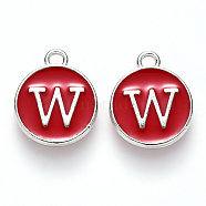 Platinum Plated Alloy Enamel Charms, Cadmium Free & Lead Free, Enamelled Sequins, Flat Round with Letter, Letter.W, 14x12x2mm, Hole: 1.5mm(X-ENAM-S118-03W-P)