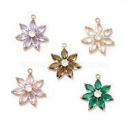 Rack Plating Brass with Glass Pendant, Real 14K Gold Plated, Cadmium Free & Lead Free, Faceted Flower, Mixed Color, 28x25x6mm, Hole: 2.5mm(KK-H438-05G)