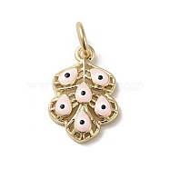 Brass Enamel Pendants, with Jump Ring, Real 18K Gold Plated, Leaf with Evil Eye Charm, Pink, 17x11.5x3.2mm, Hole: 3.8mm(KK-E092-21G-01)