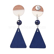 Stud Earrings, with Natural Lapis Lazuli Beads, Pear Wood Pendants, Resin & Wood Pendants and Brass Findings, Flat Round and Triangle, Dark Blue, 67~68mm, Pin: 0.6mm(EJEW-JE03007-03)