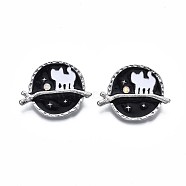 Flat Round with Cat Enamel Pin with Rhinestone, Alloy Brooch for Backpack Clothes, Nickel Free & Lead Free, Platinum, Black, 31x39mm(JEWB-N007-108)