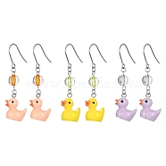 3 Pair 3 Color Resin Duck Dangle Earrings, 304 Stainless Steel Drop Earrings for Women, Mixed Color, 55x17.5mm, 1 Pair/color(EJEW-JE05420)