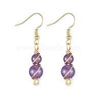 Natural Amethyst Dangle Earrings, with Copper Wire and Golden Plated Brass Earring Hooks, Round, 43mm, Pin: 0.8mm(EJEW-JE03774-03)