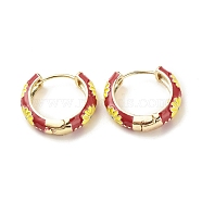 Daisy Flower Enamel Hoop Earrings, Gold Plated Brass Hinged Earrings for Women, Dark Red, 20x22x5mm, Pin: 0.9mm(EJEW-G290-01G-D)