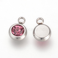 201 Stainless Steel Rhinestone Charms, Flat Round, Rose, 8.5x6x3mm, Hole: 1.5mm(X-STAS-S068-10)