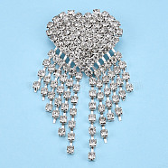 Crystal Rhinestone Heart with Tassel Lapel Pin, Creative Brass Badge for Backpack Clothes, Silver, 81x39x10mm, Pin: 0.7mm(JEWB-T002-27S)