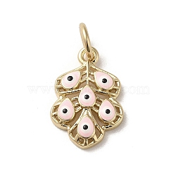 Brass Enamel Pendants, with Jump Ring, Real 18K Gold Plated, Leaf with Evil Eye Charm, Pink, 17x11.5x3.2mm, Hole: 3.8mm(KK-E092-21G-01)