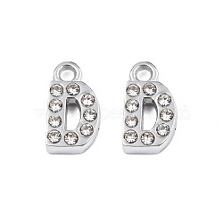 304 Stainless Steel Charms, with Crystal Rhinestone, Letter, Letter.D, 10~10.5x2~8x2mm, Hole: 1.2mm(STAS-N095-137D)