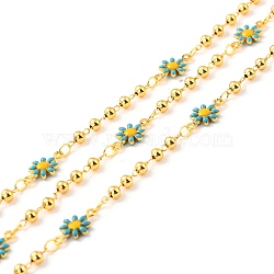 Handmade Brass Link Chains, with Round Beads, Long-Lasting Plated, Soldered, with Spool, Flower with Enamel, Golden, Cyan, Link: 13x7.5x2.5mm, 3mm(CHC-C019-07)