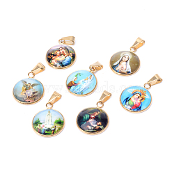 Virgin Mary Theme Glass Pendants, with 201 Stainless Steel Findings, Flat Round, Golden, Mixed Color, 26.5x22x6.5mm, Hole: 6x4mm(X-GLAA-R186-G)