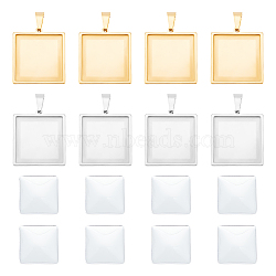 DIY Blank Square Pendant Making Kit, Including 304 Stainless Steel Pendant Cabochon Settings, Glass Cabochons, Golden, 16Pcs/box(DIY-UN0005-45)