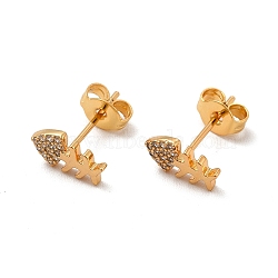 Rack Plating Brass Micro Pave Cubic Zirconia Stud Earrings, Long-Lasting Plated Fishbone Earring for Women, Cadmium Free & Lead Free, Real 18K Gold Plated, 5x9mm, Pin: 0.8mm(EJEW-P221-09G)