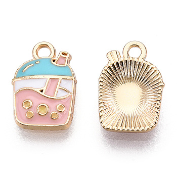 Light Gold Plated Alloy Enamel Pendants, Cadmium Free & Lead Free, Bubble Tea, Pink, 15.5x10.5x2.5mm, Hole: 2mm