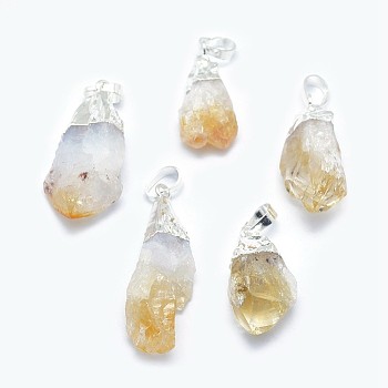 Natural Citrine Pendants, with Brass Findings, Nuggets, Silver Color Plated, 32~39x13~25mm, Hole: 5x8mm