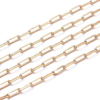 Soldered Brass Paperclip Chains, Drawn Elongated Cable Chains, Long-Lasting Plated, with Spool, Real 18K Gold Plated, 6x2.5x0.6mm, about 16.4 Feet(5m)/roll