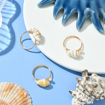 Natural Sea Shell Finger Rings, Brass Rings for Women, Real 18K Gold Plated, US Size 7 1/4(17.5mm)