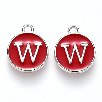 Platinum Plated Alloy Enamel Charms, Cadmium Free & Lead Free, Enamelled Sequins, Flat Round with Letter, Letter.W, 14x12x2mm, Hole: 1.5mm