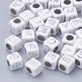 Plated Acrylic Beads, Metal Enlaced, Cube with Russian Alphabet, Silver Plated, 6x6x6mm, Hole: 3.5mm, about 2900pcs/500g