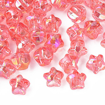 1-Hole Transparent Acrylic Buttons, AB Color Plated, Star, Salmon, 13.5x14x11.5mm, Hole: 2.5mm, about 460pcs/500g