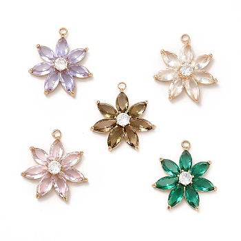 Rack Plating Brass with Glass Pendant, Real 14K Gold Plated, Cadmium Free & Lead Free, Faceted Flower, Mixed Color, 28x25x6mm, Hole: 2.5mm